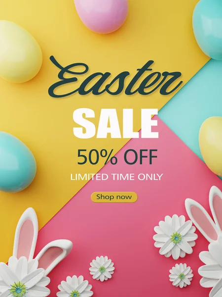 Easter Sale Illustration Color Painted Egg Spring Flower Rabbit Ears — Stock Photo, Image