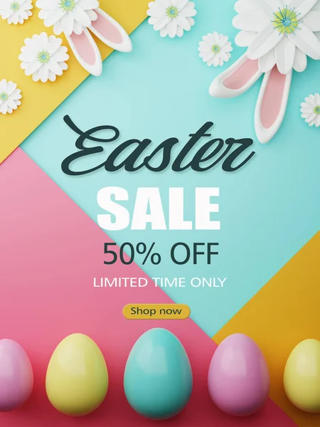 Easter Sale Illustration Color Painted Egg Spring Flower Rabbit Ears — Stock Photo, Image