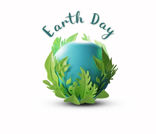 3d Rendering. Earth day concept. Illustration of the blue planet earth and green leaf on a white background.