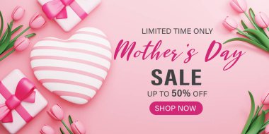 3D görüntüleme. Anneler Günü Sancak İllüstrasyonu. Kalp şekli ve hediye kutusu, pembe arka planda lale çiçeği..