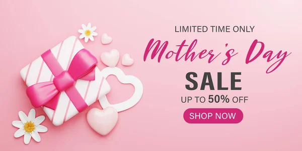 Redare Ziua Mamei Vânzare Banner Ilustrație Cutie Cadou Formă Inimă — Fotografie, imagine de stoc