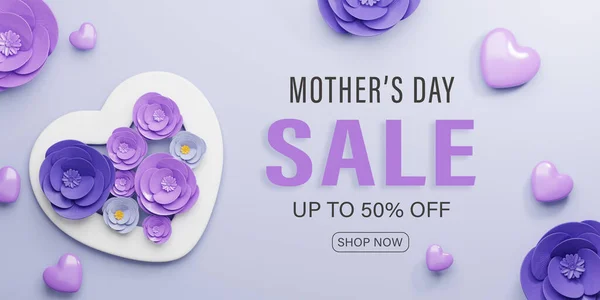 3d Rendering. Mother\'s Day Sale Banner illustration. purple rose flower and heart shape on purple background.