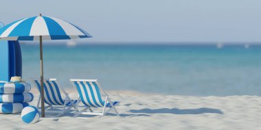 3D görüntüleme. Güzel sahil. Deniz kenarındaki kumlu sahilde sandalyeler. Yaz tatili ve turizm için tatil konsepti. İlham verici tropikal manzara. Huzurlu manzara, rahatlatıcı plaj, tropikal manzara tasarımı