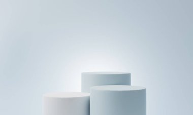 Açık mavi, üç adımlı, 3 boyutlu silindir podyum kaidesi ya da ürün sergi tezgahı olan temiz bir oda. 3d oluşturma
