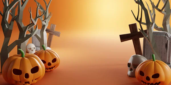 Vykreslování Design Pro Halloween Banner Dýní Krucifix Lebka Hrob Oranžovém — Stock fotografie