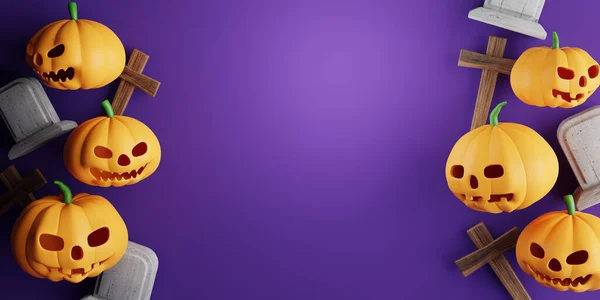 Рендеринг Дизайн Хэллоуина Баннер Тыквой Распятие Череп Могила Фиолетовом Фоне — стоковое фото