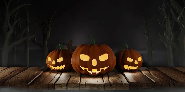 Återgivning För Design Halloween Banner Med Pumpa Krucifix Skalle Grav — Stockfoto