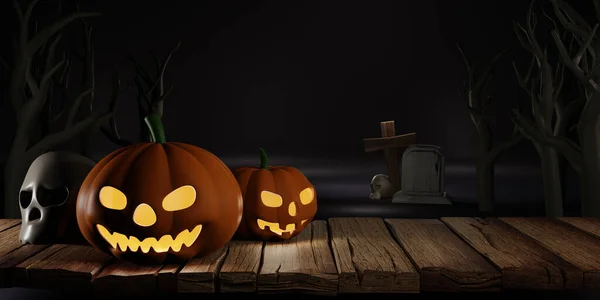 Rendering Design Halloween Banner Pumpkin Crucifix Skull Grave Wooden Background — Stock Photo, Image