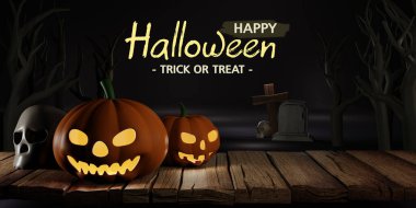 3d Rendering. Happy Halloween message with pumpkin,crucifix, skull, grave on wooden background. Dry trees in the cemetery at nigh clipart