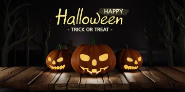 3D görüntüleme. Cadılar Bayramı mesajınız kutlu olsun. Kabak, haç, kafatası, tahta arka planda mezar. Mezarlıktaki kuru ağaçlar