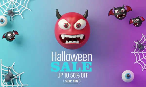3d Rendering. Halloween Sale Promotion Poster template with devil, spiders, bats, on a purple blue background.