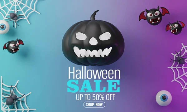 3d Rendering. Halloween Sale Promotion Poster template with Pumpkins, spiders, bats, on a purple blue background.