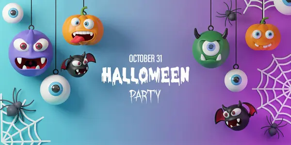 3d Rendering. Halloween party banner with devil, pumpkin, spiders, bats, on a purple blue background.