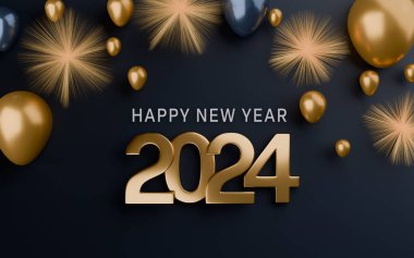 Yeni yılınız kutlu olsun. Mavi arka planda balonlu ve havai fişekli 2024 altın rakam.
