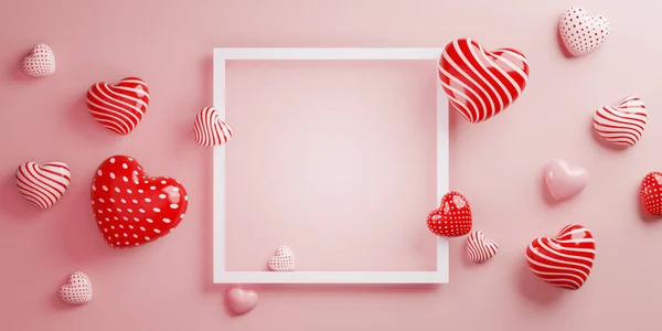 Valentine\'s day sale banner template with 3D hearts, square frame. copy space for text.
