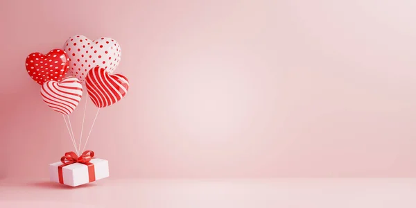 Valentine\'s day sale banner template with 3D hearts balloon and gift box. copy space for text.