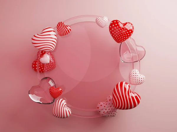 Valentine\'s day sale banner template with 3D hearts balloon and circle glass frame. copy space for text.