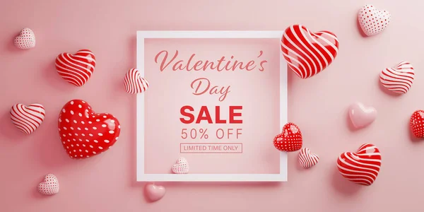 Valentine\'s day sale banner with 3D hearts and square frame.