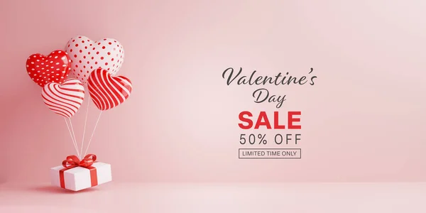 Valentine\'s day sale banner with 3D hearts balloon and gift box.