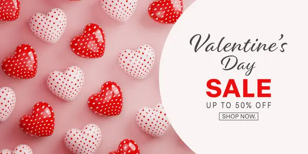 Valentine\'s day sale banner with 3D hearts and white circle frame.