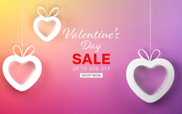 Valentine\'s day sale banner with 3D hearts and glass hearts hanging,