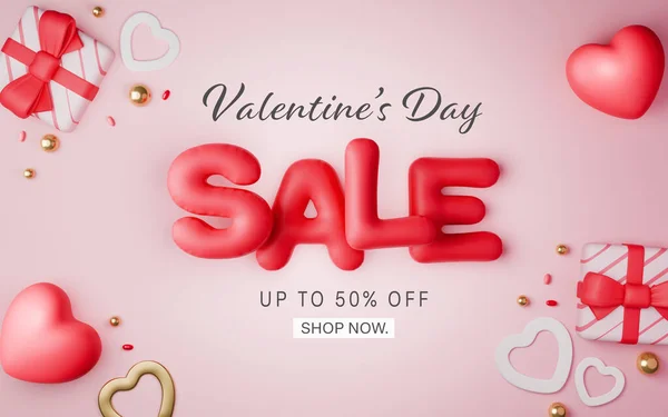 Valentine\'s day luxury sale banner with 3D hearts and gift box.