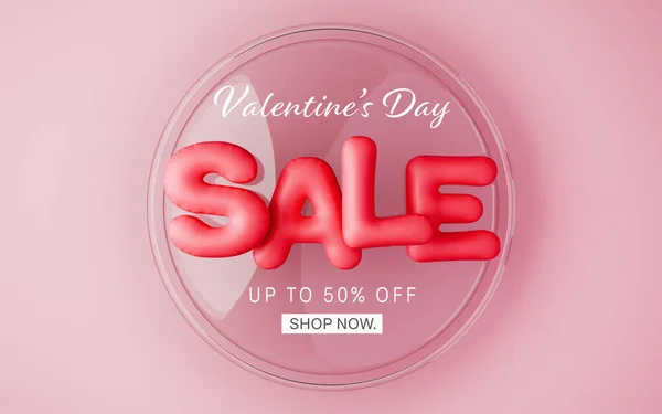 Valentine\'s day sale banner with 3D sale balloon text and circle glass frame.