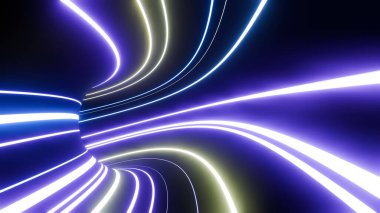Yükselen renkli neon çizgileri olan soyut arkaplan, tünelde parlayan patikalar