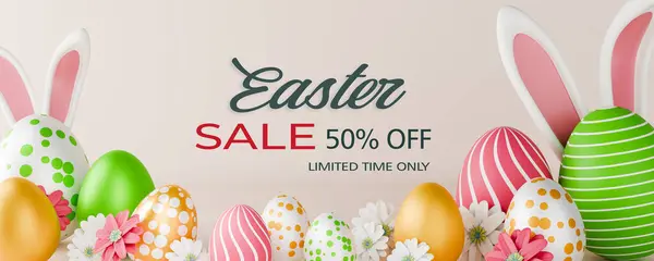 Easter sale banner design. Easter sale text up to 50% off promotion with 3d realistic bunny and eggs for seasonal shop discount advertisement. 3d rendering.