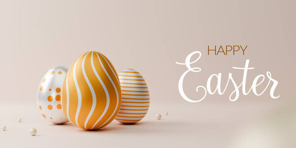 Happy easter banner design. Group of 3d realistic gold eggs. 3d rendering.