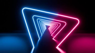 soyut neon arka plan, üçgen koridor, tünel, parlayan pembe mavi şekiller, ultraviyole spektrum ile ileri uçan