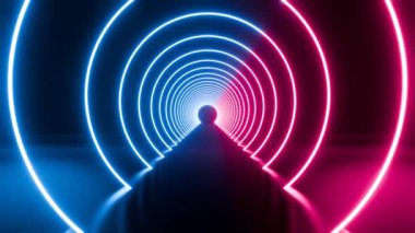 3D görüntüleme, tünelin içinde uçuş, neon ışığı soyut arka plan, yuvarlak arcade, portal, halkalar, daireler, sanal gerçeklik, ultraviyole spektrum, lazer gösterisi, moda podyumu, sahne, zemin yansıması