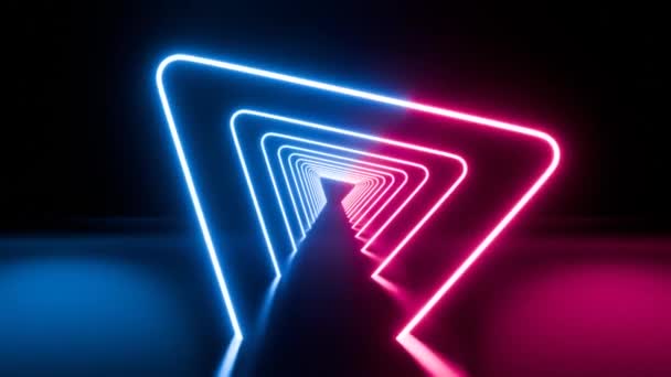 Abstrakt Neonbakgrunn Flyr Forover Gjennom Trekantet Korridor Tunnel Vises Lysende – stockvideo