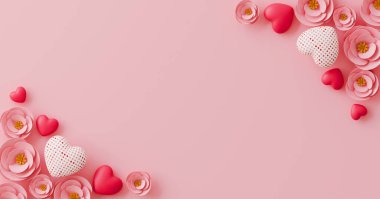 Kalpleri ve çiçekleri olan pembe bir arka plan. Anneler Günü ve Sevgililer Günü için tasarım. kopyalama alanı ile