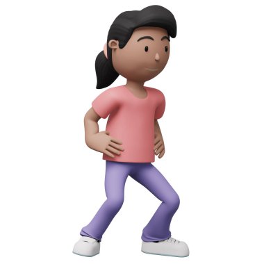 Bir çizgi film kadını egzersiz ve yoga pozu veriyor. Kırpma yolu ile 3d oluşturma.