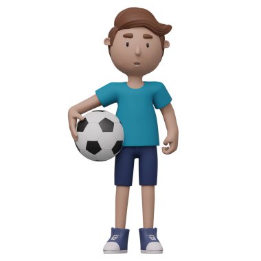 A boy in a blue shirt is kicking a soccer ball. 3d render with clipping path.	