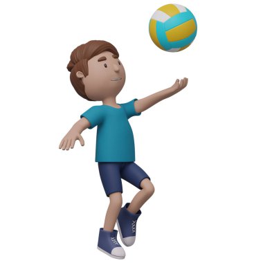 Bir çizgi film çocuğu voleybol topunu tutuyor. Kırpma yolu ile 3d oluşturma.