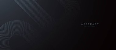 Parlak geometrik çizgileri olan modern koyu siyah soyut yatay afiş arkaplanı. Parlak mavi köşegen yuvarlak çizgiler. Fütürist bir kavram. Örtü, broşür, sunum, broşür, web