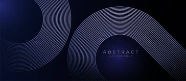 Parlak geometrik çizgileri olan soyut koyu mavi arkaplan. Modern parlak mor yuvarlak çizgiler deseni. Fütürist bir kavram. Poster, kapak, afiş, broşür, sunum, web sitesi, broşür