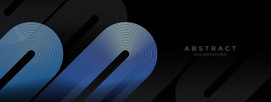 Koyu arkaplanda soyut mavi yuvarlak geometrik. Parlak mavi köşegen çizgiler. Modern grafik tasarım elemanı. Gelecekçi teknoloji konsepti. Poster, kapak, afiş, sunum için takım elbise