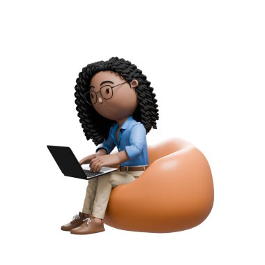 A cartoon businesswoman with curly hair and glasses, working on a laptop while sitting on a bean bag chair.	