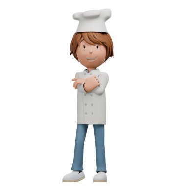 A 3D cartoon chef character in a white uniform and hat, with brown hair. The chef stands confidently with arms folded, smiling pleasantly.	