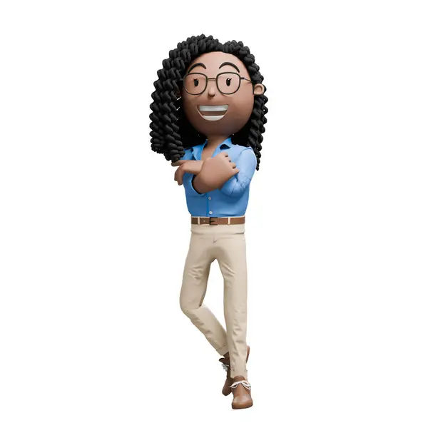 stock image A cartoon businesswoman with curly hair and glasses, standing with arms crossed, smiling confidently.	