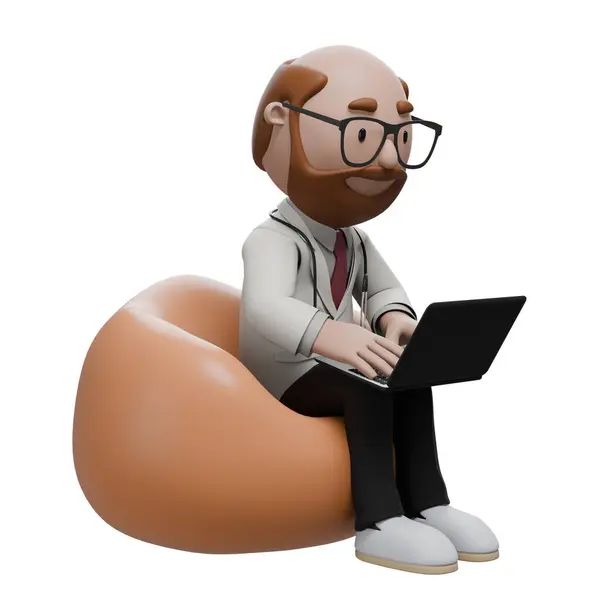 stock image A cartoon doctor sitting on a bean bag, working on a laptop, representing a relaxed and modern healthcare professional.	