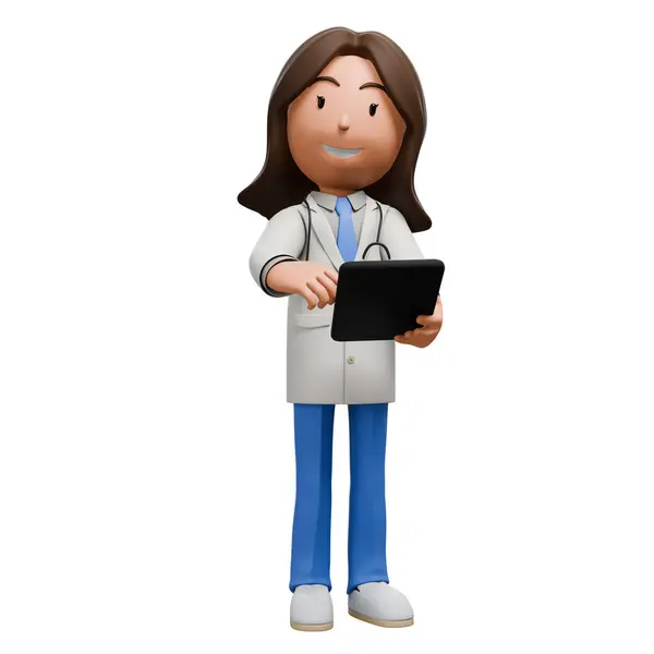 stock image A 3D cartoon woman doctor in a white coat and blue scrubs holding a tablet, smiling as she points at something on the screen.	