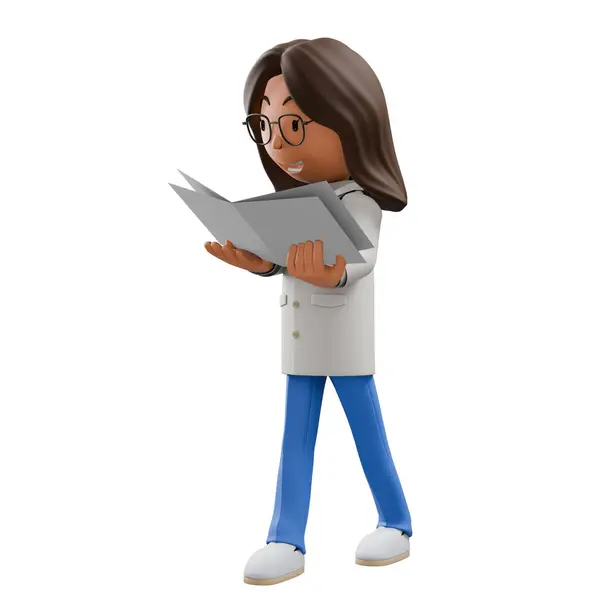 stock image A 3D cartoon woman doctor with long brown hair, wearing a white coat and blue scrubs, reading a large folder with interest.	