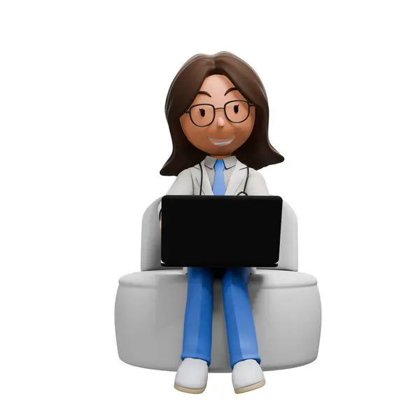 stock image A 3D cartoon woman doctor wearing glasses, a white coat, and blue scrubs, sitting on a couch with a laptop, working and smiling.	