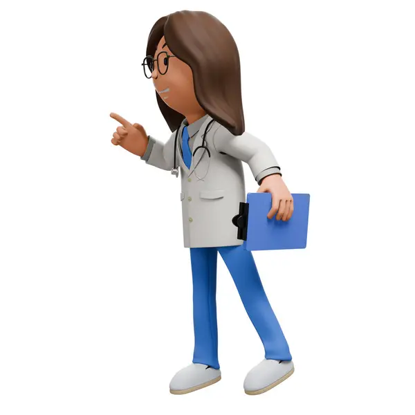 stock image A 3D cartoon woman doctor with long brown hair, wearing glasses, a white coat, and blue scrubs, holding a clipboard while pointing and giving directions.	