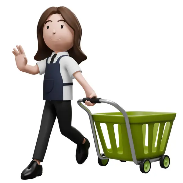 stock image Store employee pushing a green cart, working in retail logistics.	