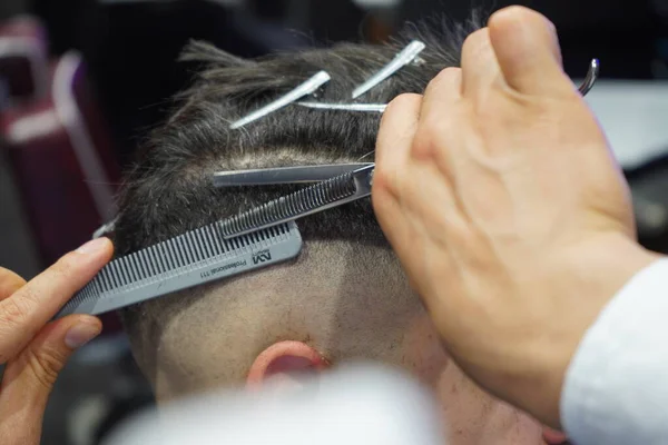 barber shop, hairdresser cutting hair, professional haircut, barbershop, scissors, comb, hairdressing salon, close